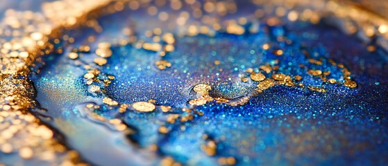 Glittering Blue Surface with Gold Accents Sparkles Dreamy Backdrop