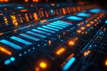 Fototapeta premium Abstract circuit board pattern glows blue and orange, depth of field background