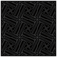 Black background with figures from dots. Black and white pattern for web page, textures, card, poster, fabric, textile. Repeating design.