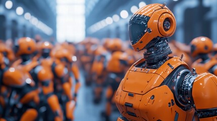Futuristic Robot Army in Orange Uniforms in High-Tech Factory Setting