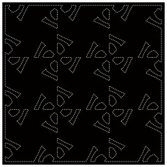 Black background with figures from dots. Black and white pattern for web page, textures, card, poster, fabric, textile. Repeating design.