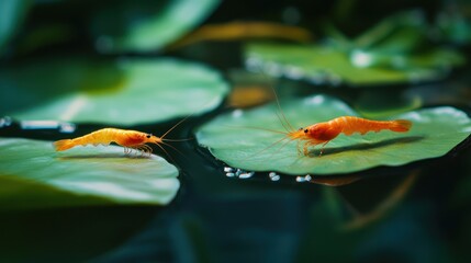 Obraz premium Two Orange Shrimp on Lily Pads in a Serene Aquatic Habitat: A Close-Up Macro Photograph