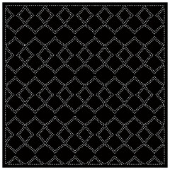 Black background with figures from dots. Black and white pattern for web page, textures, card, poster, fabric, textile. Repeating design.