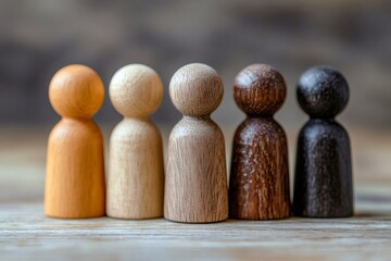 Wooden figurines representing diversity and inclusion are standing together