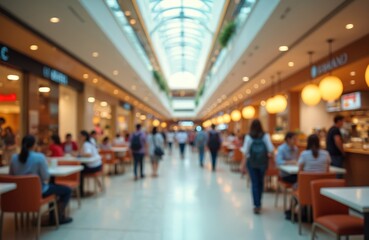 Fototapeta premium Vibrant blurred scene inside modern shopping mall food court with dynamic shoppers, diners. Commercial consumerism retail space with noisy movement activity, energy. Chairs at tables, bright light.