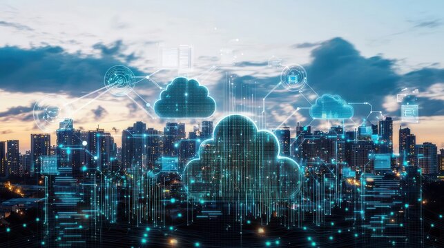 City Skyline with Digital Cloud Overlay at Dusk Showing Network and Technology Infrastructure