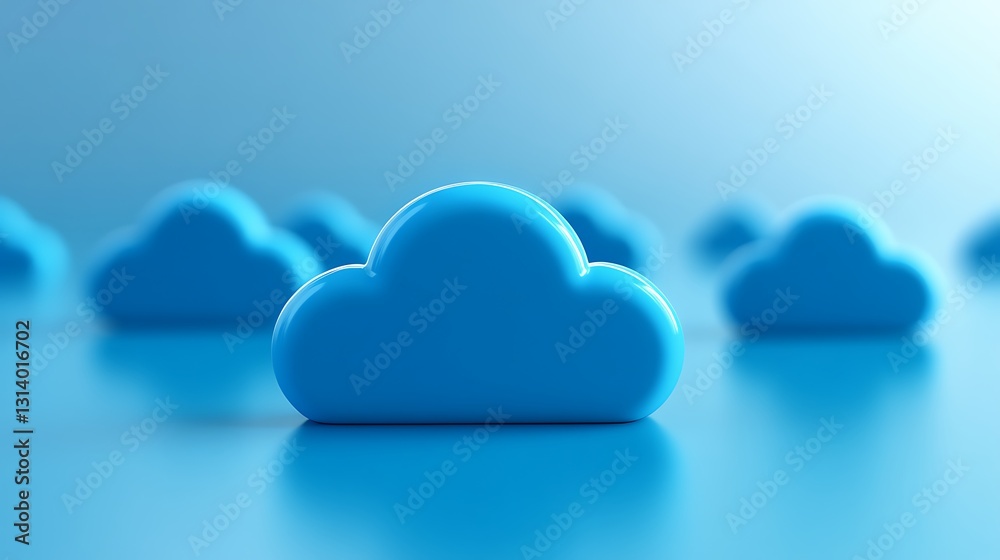 Poster blue cloud objects on smooth surface with soft blue background for digital design and technology con