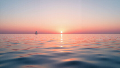 Distant sailboat at sunset over calm ocean, tranquility and beauty