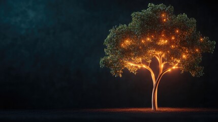 A glowing tree stands against a dark background, illuminated by warm lights, creating a mystical and serene atmosphere.