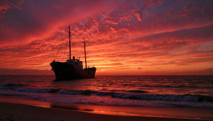 Fototapeta premium Mysterious shipwreck silhouette against vibrant sunset over ocean, allure