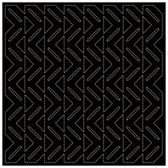 Black background with figures from dots. Black and white pattern for web page, textures, card, poster, fabric, textile. Repeating design.