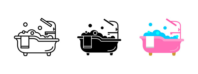 Bathtub icon. A filled bathtub with bubbles, towel and faucet. Symbol of relaxation, hygiene and self-care. Vector illustration representing spa, wellness and home bathroom comfort.