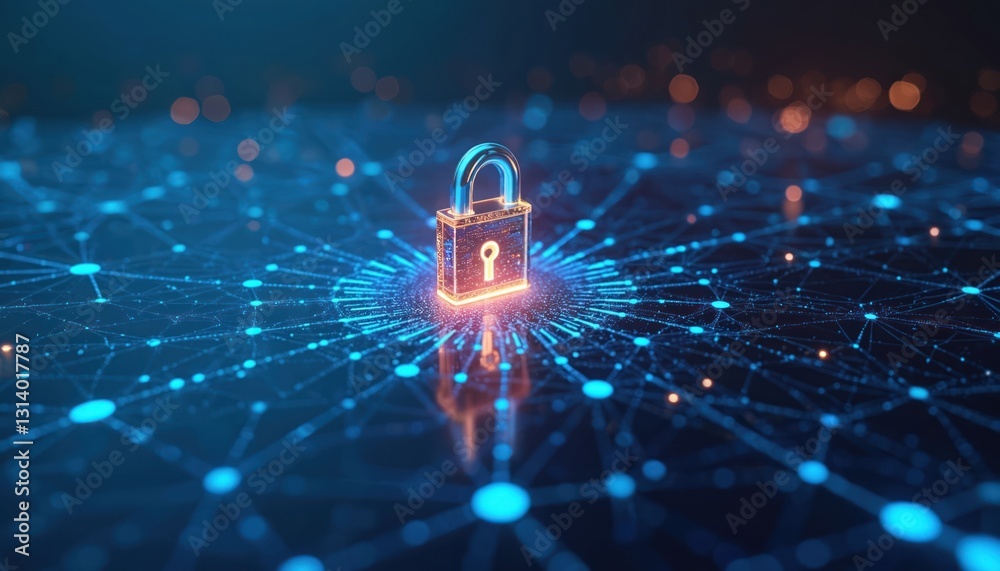 Poster Glowing padlock icon over blue cybersecurity network background. Represents digital data encryption, privacy protection, computer crime prevention, verification. Secure online banking, data access