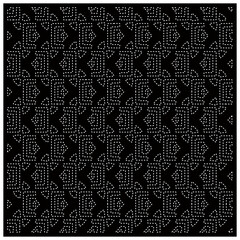 Black background with figures from dots. Black and white pattern for web page, textures, card, poster, fabric, textile. Repeating design.