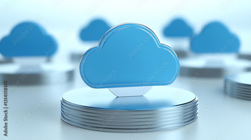 Poster blue cloud symbol on stacked disks representing cloud computing concept in modern technology environ