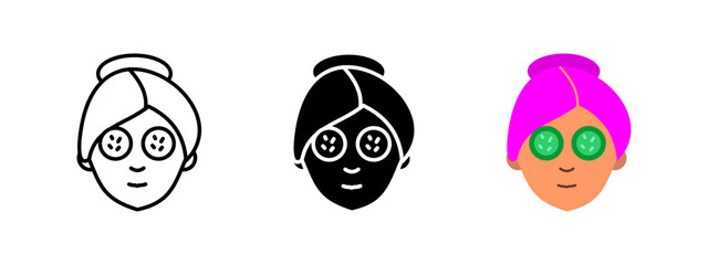 Spa cucumber mask icon. Face with cucumber slices for skincare and relaxation. Beauty treatment and self-care vector illustration. Wellness and rejuvenation pictogram.
