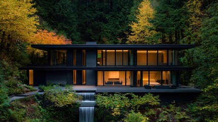Modern House Nestled Among Autumn Foliage by Tranquil Waterfall