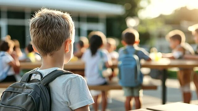 A child looking at an empty lunchbox on a school bench