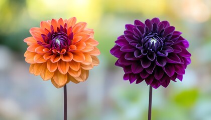 Two Dahlias Displaying Vivid Orange and Purple Hues