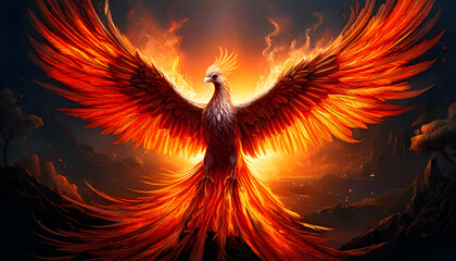 Fototapeta premium Fiery Phoenix Soaring Above a Volcanic Landscape