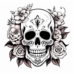 A Detailed Illustration of a Human Skull Surrounded by Flowers