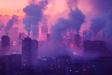 Fototapeta premium A captivating urban skyline at dusk, surrounded by smoky haze and vibrant city lights, showcasing a blend of beauty and industry in an atmospheric scene.