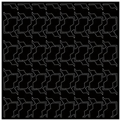 Black background with figures from dots. Black and white pattern for web page, textures, card, poster, fabric, textile. Repeating design.