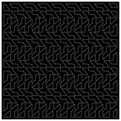 Black background with figures from dots. Black and white pattern for web page, textures, card, poster, fabric, textile. Repeating design.