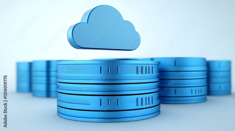 Poster blue data storage and cloud computing concept with 3d illustration of cloud over circular data disks