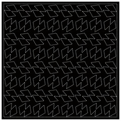Black background with figures from dots. Black and white pattern for web page, textures, card, poster, fabric, textile. Repeating design.