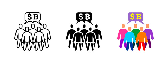 Financial discussion icon. Investment group of people talking about digital finance, bitcoin and blockchain technology. Crypto community symbol. Economic forum. Online financial conversation concept.