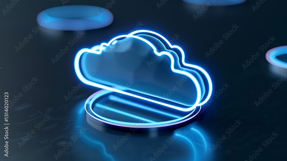 Wall mural blue neon cloud icon on dark background representing cloud computing and digital storage concepts