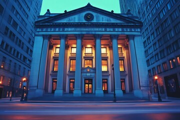 Naklejka premium Majestic courthouse illuminates city street at twilight