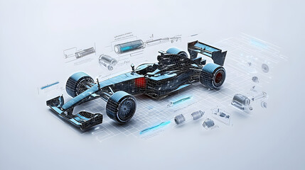 Voxel Art Depiction of Modern Race Car Design Process Pixelated Race Car Render Overlaid with Geometric Data and Blueprints on White Studio