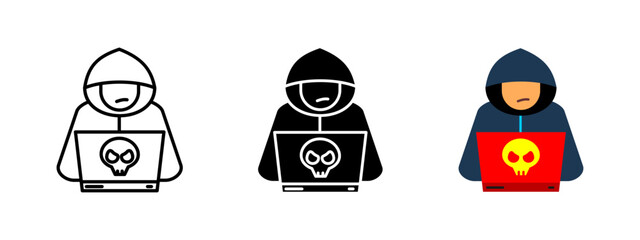 Hacker icon. A hooded figure using a laptop with a skull symbol, representing cyber threats, online fraud and identity theft. Symbol of cybersecurity risks and digital crime. Data protection concept.