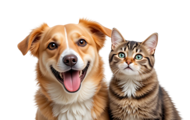 close up, Portrait of Happy dog and cat that looking at the camera together isolated on transparent background, friendship between dog and cat