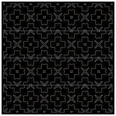 Black background with figures from dots. Black and white pattern for web page, textures, card, poster, fabric, textile. Repeating design.