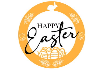 Stamp-style circular vector with 'Happy Easter', eggs, and a rabbit silhouette