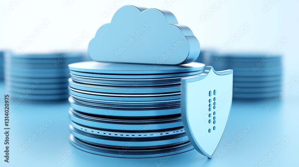Poster cloud computing and data security concept with shield and storage discs for digital protection and m