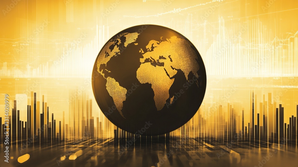 Poster this image features a golden globe with a world map set against a backdrop of financial data and cha