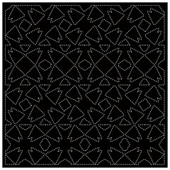 Black background with figures from dots. Black and white pattern for web page, textures, card, poster, fabric, textile. Repeating design.