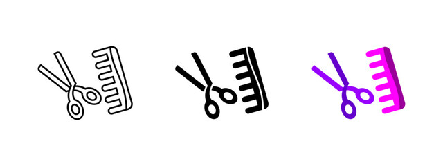 Haircut icon. Scissors and comb crossed, representing hairstyling, grooming and barbershop services. Vector illustration for beauty salons, professional styling and personal care branding.