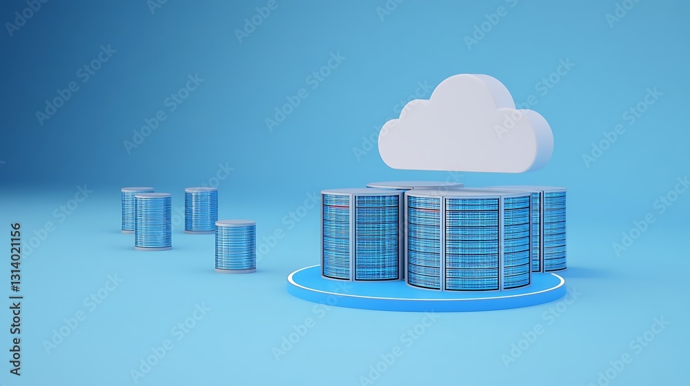 Poster cloud computing concept for data storage with servers and database illustration on bright blue backg