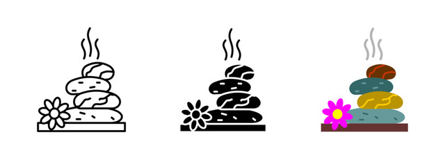 Spa stones icon. Stack of hot stones emitting steam. Relaxation, wellness and therapeutic massage treatments symbol. Vector illustration representing balance, tranquility and stress relief.