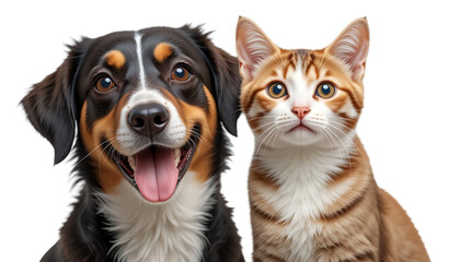 close up, Portrait of Happy dog and cat that looking at the camera together isolated on transparent background, friendship between dog and cat
