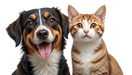 close up, Portrait of Happy dog and cat that looking at the camera together isolated on transparent background, friendship between dog and cat