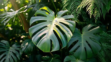 Fototapeta premium Lush green Monstera deliciosa leaf with ferns in sunlight.