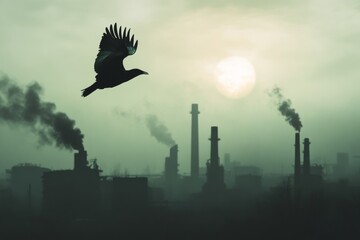 Fototapeta premium Bird Flying Over Industrial Landscape at Dusk with Air Pollution