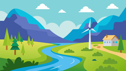 Obraz premium As a stream flows peacefully through a valley a small turbine spins gently providing enough electricity for the nearby community without producing any. Vector illustration