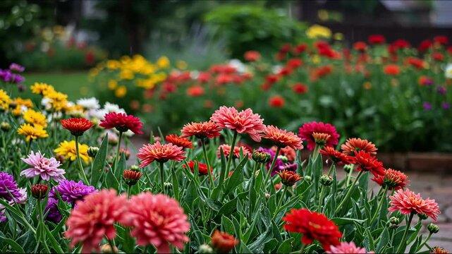 A vibrant garden filled with blooming zinnias in various colors